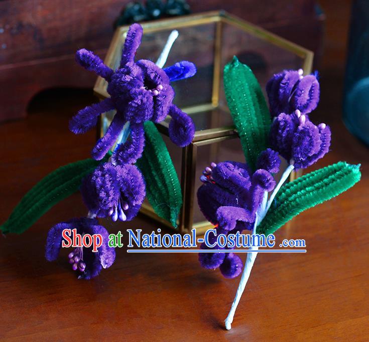 Traditional Chinese Ancient Palace Purple Velvet Flowers Hair Clip Hairpins Handmade Wedding Hair Accessories for Women