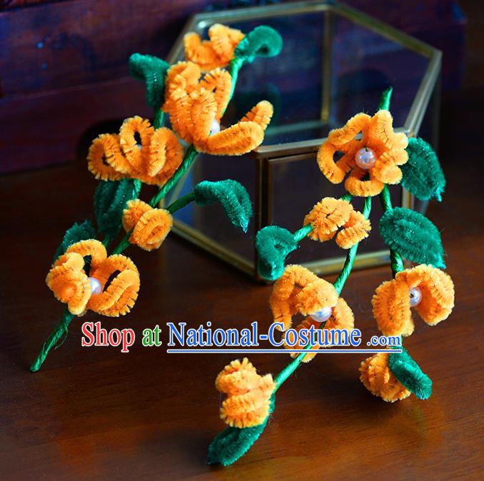 Traditional Chinese Ancient Palace Orange Velvet Flowers Hair Clip Hairpins Handmade Wedding Hair Accessories for Women