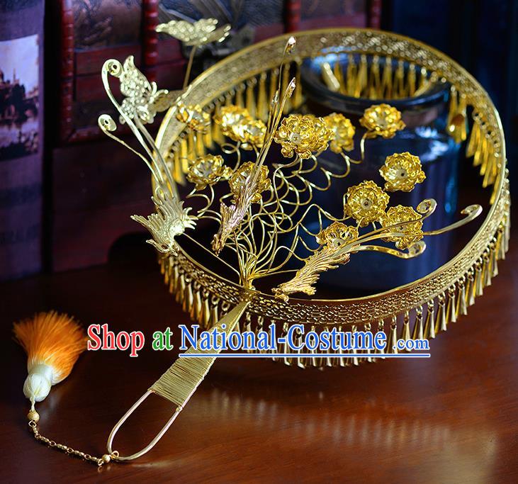 Traditional Chinese Ancient Golden Tassel Palace Fans Handmade Wedding Accessories Fans for Women