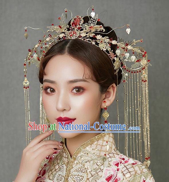 Traditional Chinese Handmade Wedding Hair Accessories Ancient Bride Phoenix Coronet Tassel Hairpins for Women