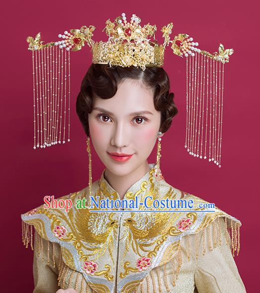 Traditional Chinese Ancient Bride Phoenix Coronet Tassel Hairpins Handmade Wedding Hair Accessories for Women