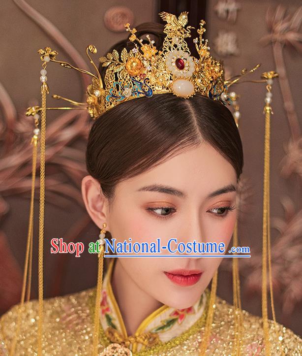 Traditional Chinese Ancient Bride Tassel Hairpins Blueing Phoenix Coronet Handmade Wedding Hair Accessories for Women