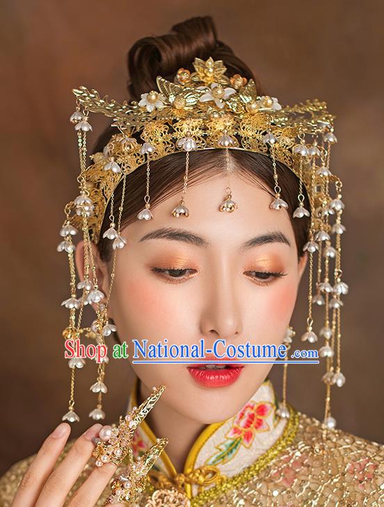 Traditional Chinese Ancient Bride Tassel Hairpins Golden Phoenix Coronet Handmade Wedding Hair Accessories for Women