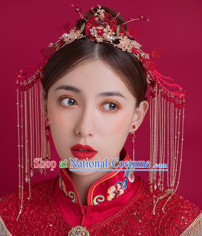 Traditional Chinese Ancient Bride Tassel Hairpins Red Phoenix Coronet Handmade Wedding Hair Accessories for Women