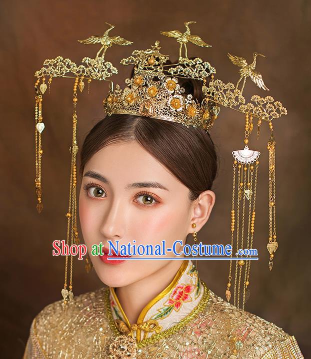 Traditional Chinese Ancient Bride Tassel Hairpins Crane Pine Phoenix Coronet Handmade Wedding Hair Accessories for Women