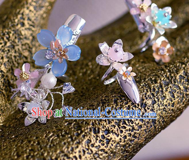 Traditional Chinese Ancient Palace Blue Flower Nail Wrap Handmade Wedding Fingernail Accessories for Women