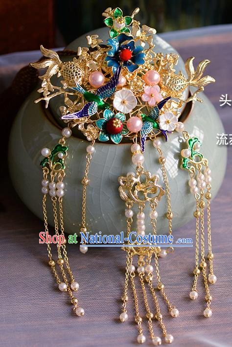 Traditional Chinese Ancient Palace Cloisonne Tassel Hair Crown Hairpins Handmade Wedding Hair Accessories for Women