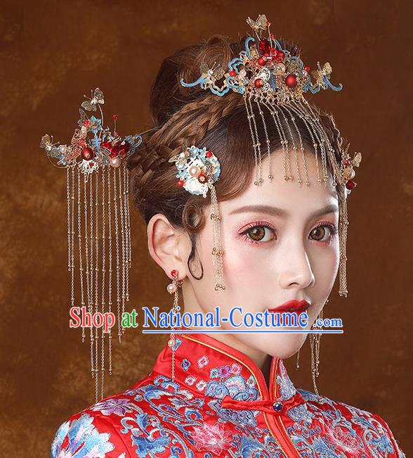 Traditional Chinese Ancient Bride Tassel Hairpins Cloisonne Phoenix Coronet Handmade Wedding Hair Accessories for Women