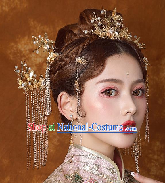 Traditional Chinese Ancient Bride Tassel Hairpins Golden Hair Comb Handmade Wedding Hair Accessories for Women