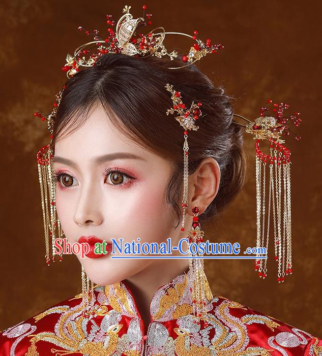 Traditional Chinese Ancient Bride Tassel Hairpins Butterfly Hair Comb Handmade Wedding Hair Accessories for Women