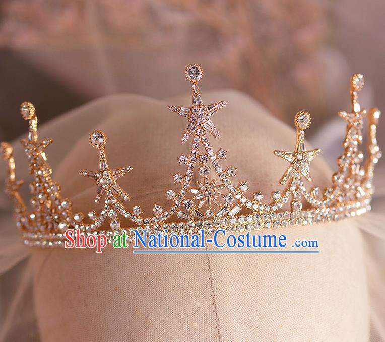 Handmade Wedding Hair Accessories Baroque Bride Crystal Star Golden Royal Crown for Women