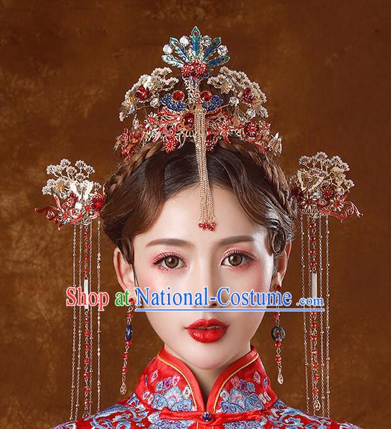 Traditional Chinese Ancient Bride Tassel Hairpins Cloisonne Phoenix Coronet Handmade Wedding Hair Accessories for Women