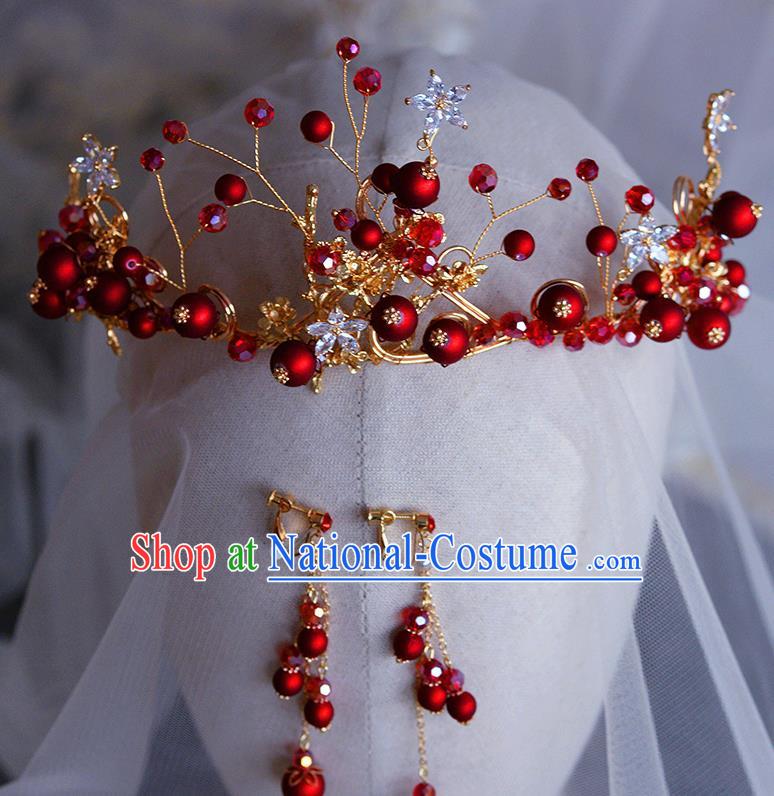 Handmade Wedding Hair Accessories Baroque Bride Red Beads Royal Crown for Women