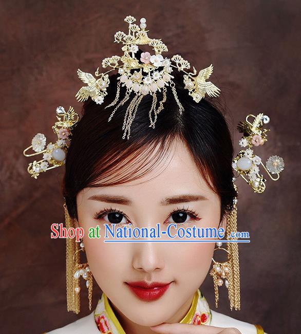 Traditional Chinese Ancient Bride Tassel Hairpins Crane Pine Hair Crown Handmade Wedding Hair Accessories for Women