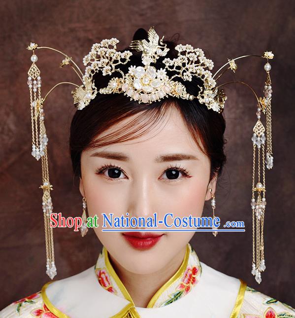 Traditional Chinese Ancient Bride Tassel Hairpins Crane Pine Phoenix Coronet Handmade Wedding Hair Accessories for Women