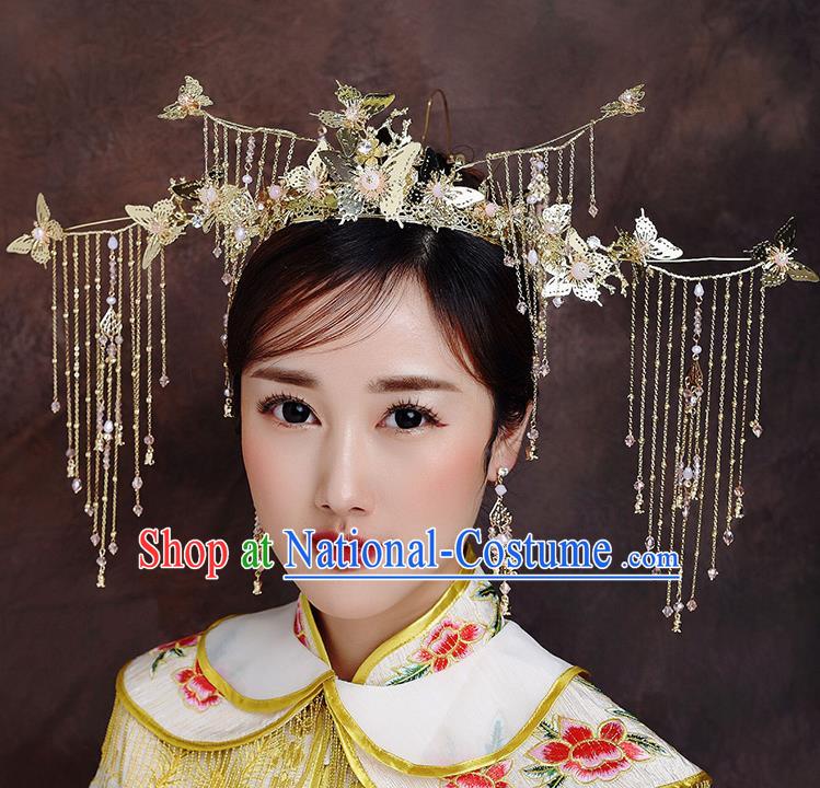 Traditional Chinese Ancient Bride Hairpins Butterfly Tassel Phoenix Coronet Handmade Wedding Hair Accessories for Women