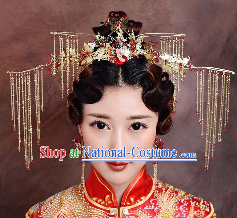 Traditional Chinese Ancient Bride Hairpins Golden Butterfly Tassel Phoenix Coronet Handmade Wedding Hair Accessories for Women