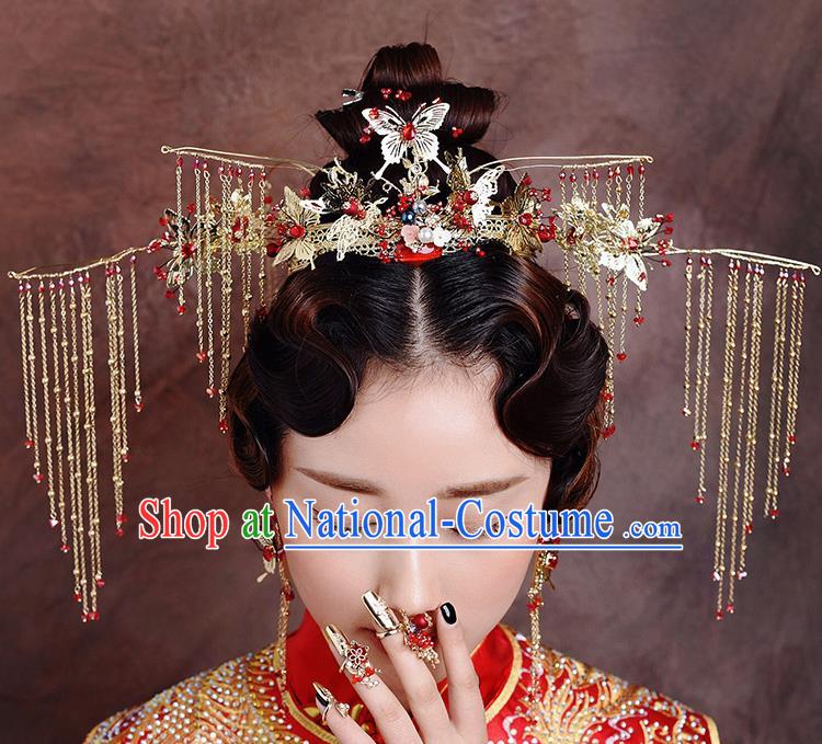 Traditional Chinese Ancient Bride Hairpins Golden Butterfly Tassel Phoenix Coronet Handmade Wedding Hair Accessories for Women