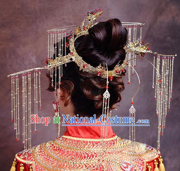 Traditional Chinese Ancient Bride Hairpins Golden Butterfly Tassel Phoenix Coronet Handmade Wedding Hair Accessories for Women