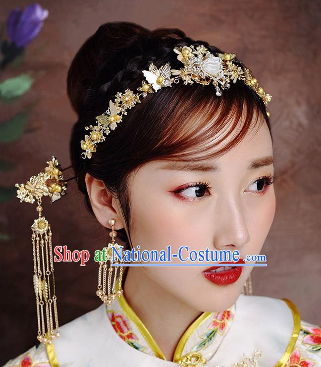 Traditional Chinese Ancient Bride Hairpins Tassel Shell Butterfly Hair Clasp Handmade Wedding Hair Accessories for Women