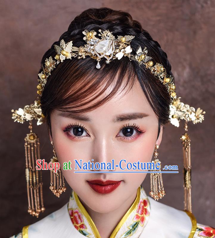 Traditional Chinese Ancient Bride Hairpins Tassel Shell Butterfly Hair Clasp Handmade Wedding Hair Accessories for Women