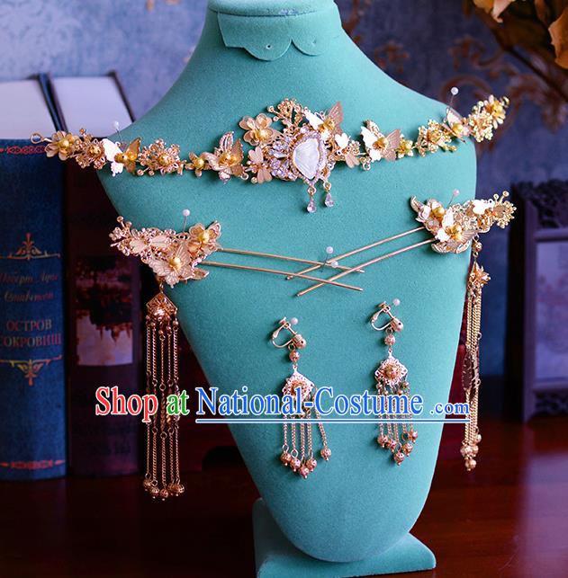 Traditional Chinese Ancient Bride Hairpins Tassel Shell Butterfly Hair Clasp Handmade Wedding Hair Accessories for Women