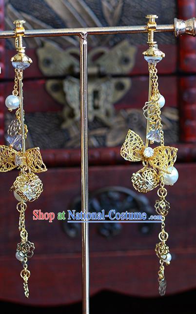 Traditional Chinese Ancient Palace Golden Bowknot Earrings Handmade Wedding Ear Accessories for Women