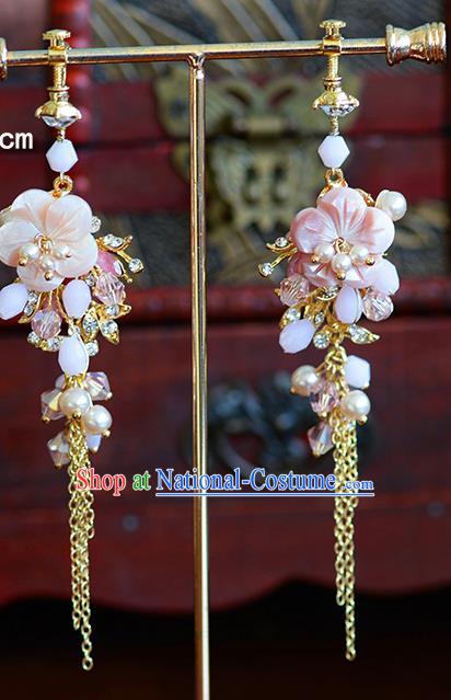 Traditional Chinese Ancient Palace Hanfu Pink Flowers Tassel Earrings Handmade Wedding Ear Accessories for Women