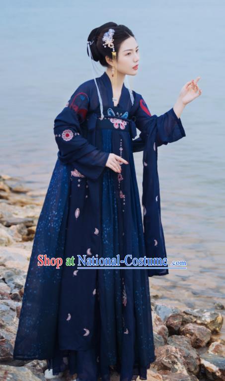 Ancient Chinese Tang Dynasty Court Princess Historical Costume Traditional Palace Dance Navy Hanfu Dress for Women