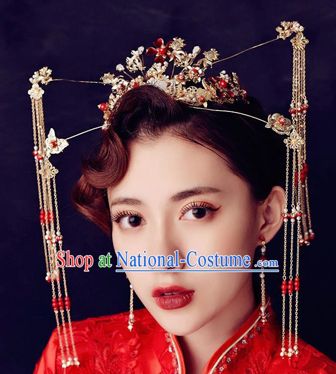 Traditional Chinese Ancient Hanfu Tassel Phoenix Coronet Bride Hairpins Handmade Wedding Hair Accessories for Women