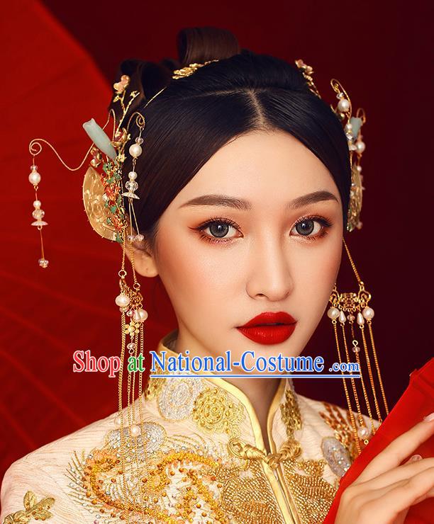 Traditional Chinese Ancient Hanfu Jade Hair Comb Bride Hairpins Handmade Wedding Hair Accessories for Women