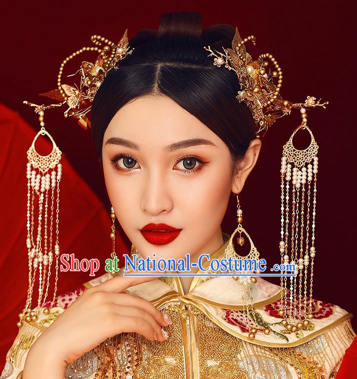 Traditional Chinese Ancient Hanfu Golden Tassel Hair Clasp Bride Hairpins Handmade Wedding Hair Accessories for Women