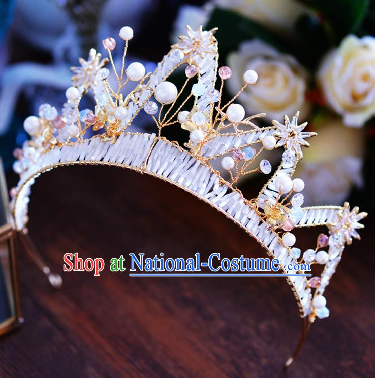 Handmade Baroque Bride Golden Beads Royal Crown European Queen Wedding Hair Accessories for Women