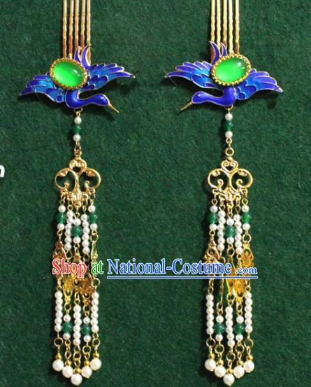 Traditional Chinese Ancient Palace Cloisonne Crane Hair Comb Tassel Hairpins Handmade Wedding Hair Accessories for Women