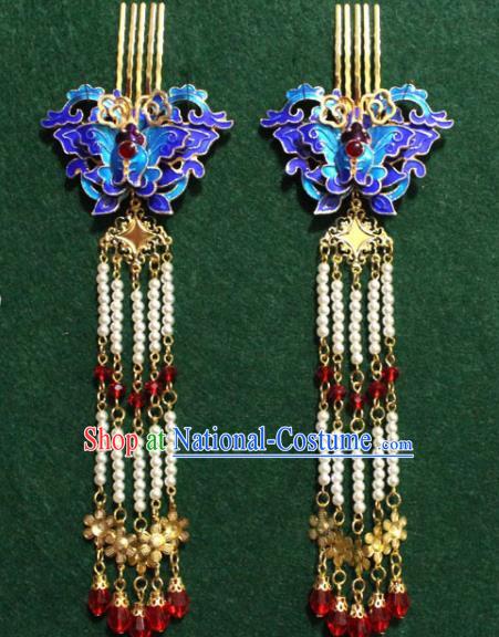 Traditional Chinese Ancient Palace Cloisonne Butterfly Hair Comb Tassel Hairpins Handmade Wedding Hair Accessories for Women