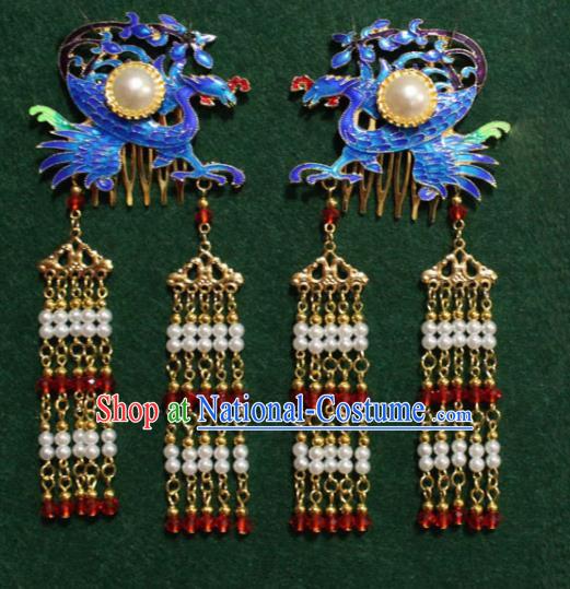 Traditional Chinese Ancient Palace Cloisonne Phoenix Hair Comb Tassel Hairpins Handmade Wedding Hair Accessories for Women