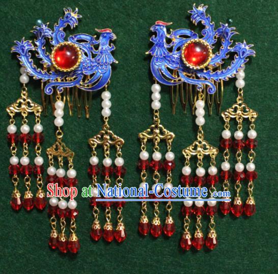 Traditional Chinese Ancient Palace Cloisonne Phoenix Agate Hair Comb Tassel Hairpins Handmade Wedding Hair Accessories for Women