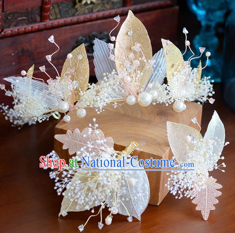 Handmade Baroque Bride Golden Leaf Royal Crown European Queen Wedding Hair Accessories for Women