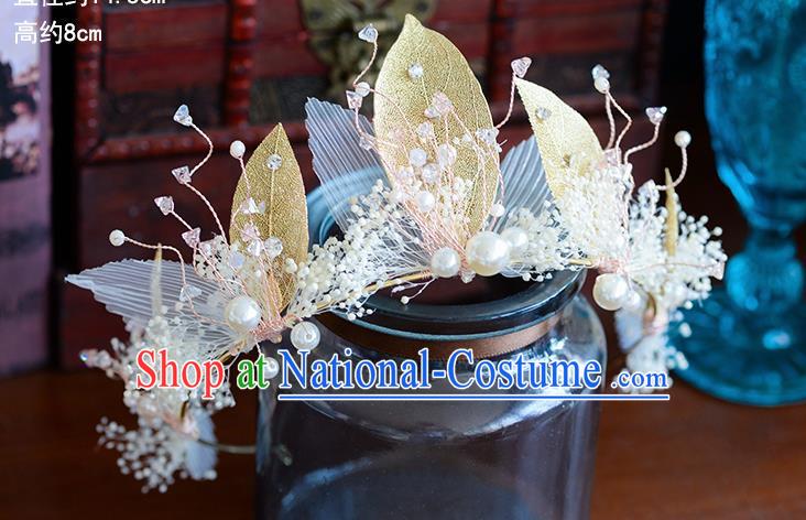 Handmade Baroque Bride Golden Leaf Royal Crown European Queen Wedding Hair Accessories for Women