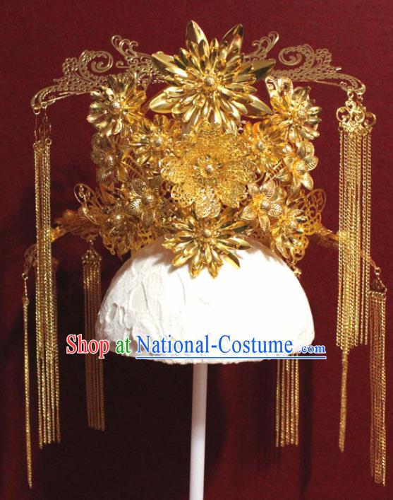 Traditional Chinese Ancient Queen Hanfu Golden Phoenix Coronet Bride Hairpins Handmade Wedding Hair Accessories for Women