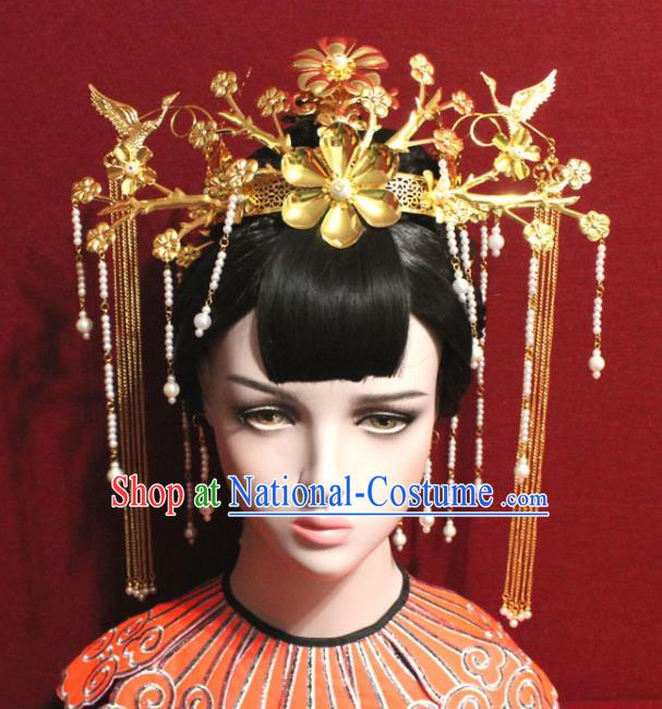 Traditional Chinese Ancient Queen Hanfu Golden Flowers Phoenix Coronet Bride Hairpins Handmade Wedding Hair Accessories for Women