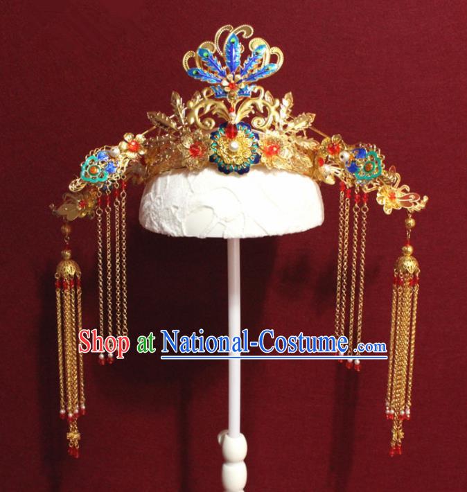 Traditional Chinese Ancient Queen Hanfu Cloisonne Phoenix Coronet Bride Hairpins Handmade Wedding Hair Accessories for Women