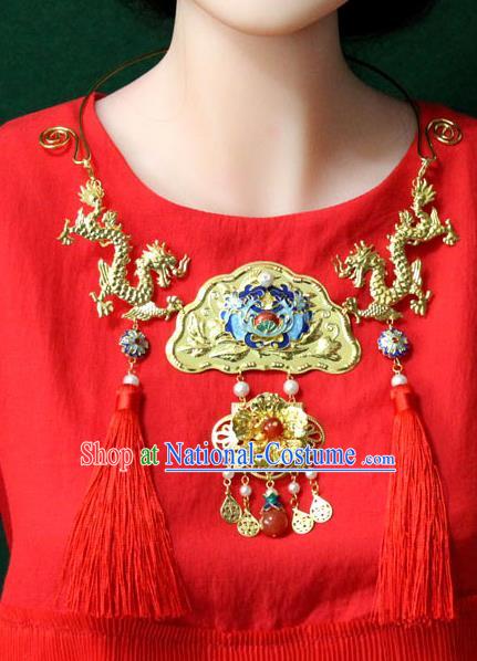 Traditional Chinese Ancient Palace Hanfu Golden Dragons Cloisonne Necklace Handmade Wedding Jewelry Accessories for Women