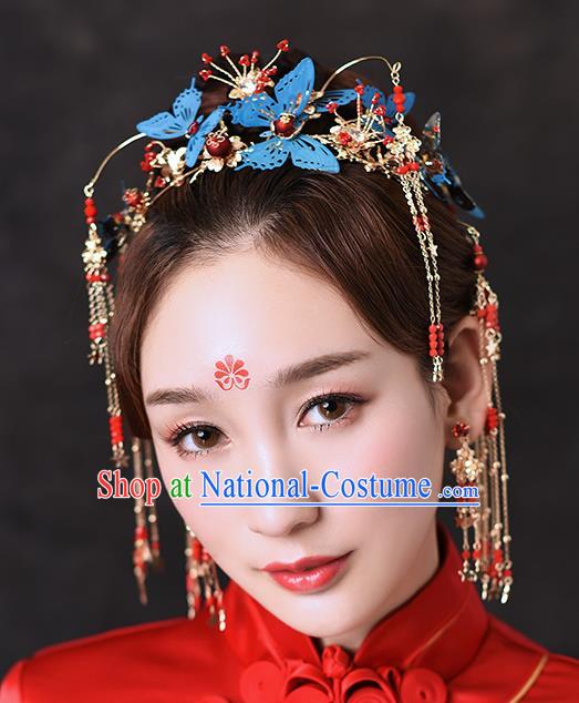 Traditional Chinese Ancient Hanfu Blue Butterfly Hair Crown Bride Hairpins Handmade Wedding Hair Accessories for Women