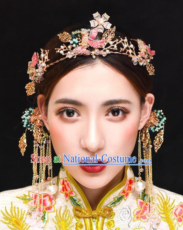 Traditional Chinese Ancient Hanfu Pink Woodpecker Hair Clasp Bride Hairpins Handmade Wedding Hair Accessories for Women