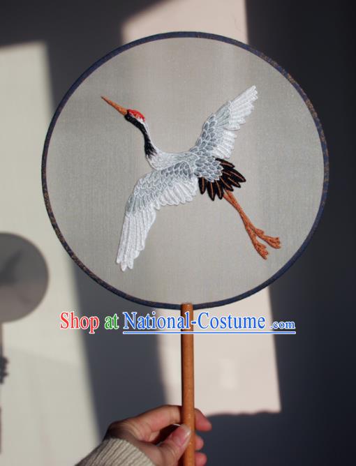 Traditional Chinese Ancient Palace Fans Handmade Hanfu Embroidered Crane Round Fan for Women