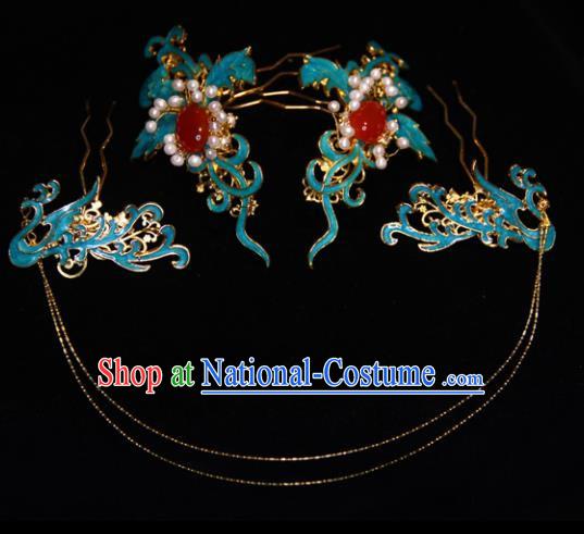 Traditional Chinese Ancient Qing Dynasty Blueing Hairpins Handmade Wedding Hair Accessories for Women