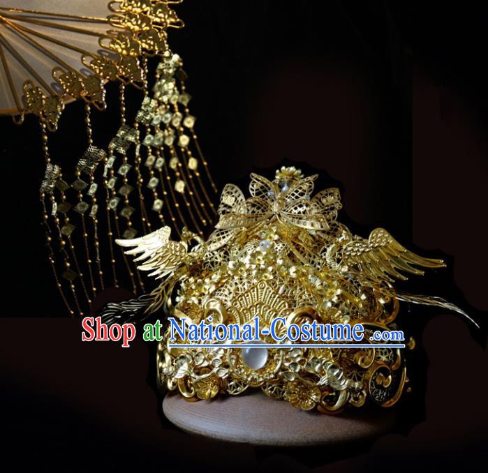 Traditional Chinese Ancient Bride Golden Phoenix Coronet Hairpins Handmade Wedding Hair Accessories for Women