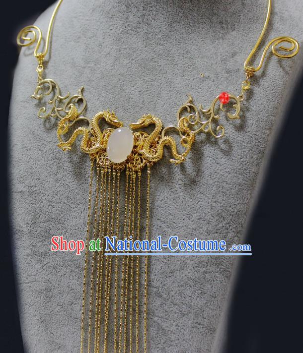 Traditional Chinese Ancient Palace Golden Dragon Tassel Necklace Handmade Hanfu Wedding Jewelry Accessories for Women