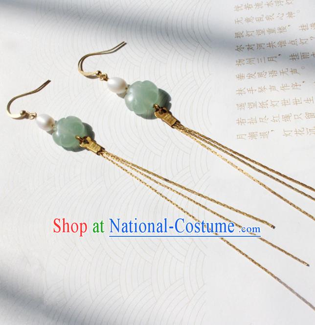 Handmade Chinese Ancient Princess Pearl Jade Earrings Traditional Hanfu Jewelry Accessories for Women